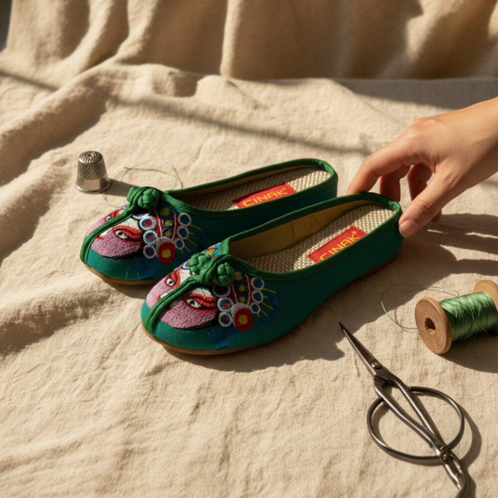 Green Embroidered Opera Flats | Backless Mules | Statement Piece - Picture 7 of 7